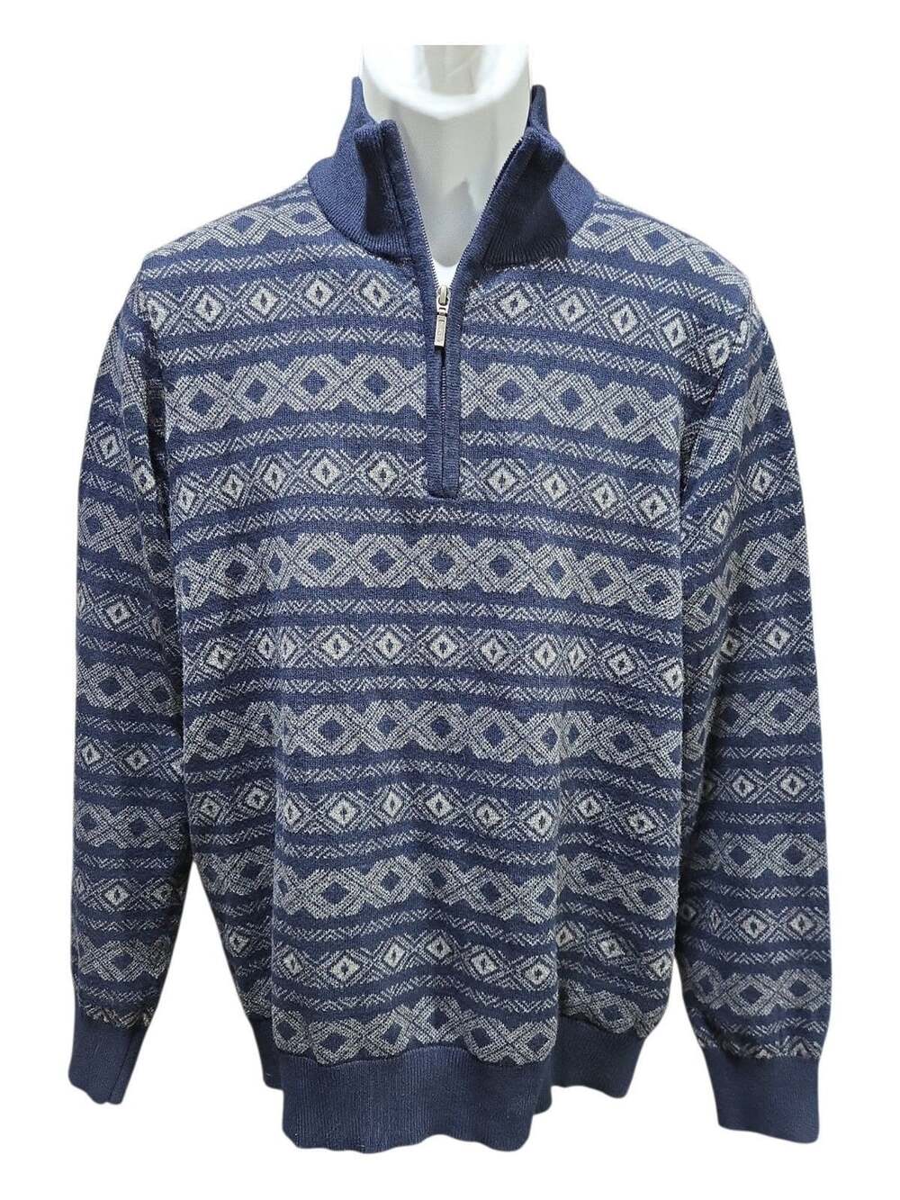 L.L.Bean Quarter-Zip Sweater Size L-REG Blue Geometric Cotton Cashmere